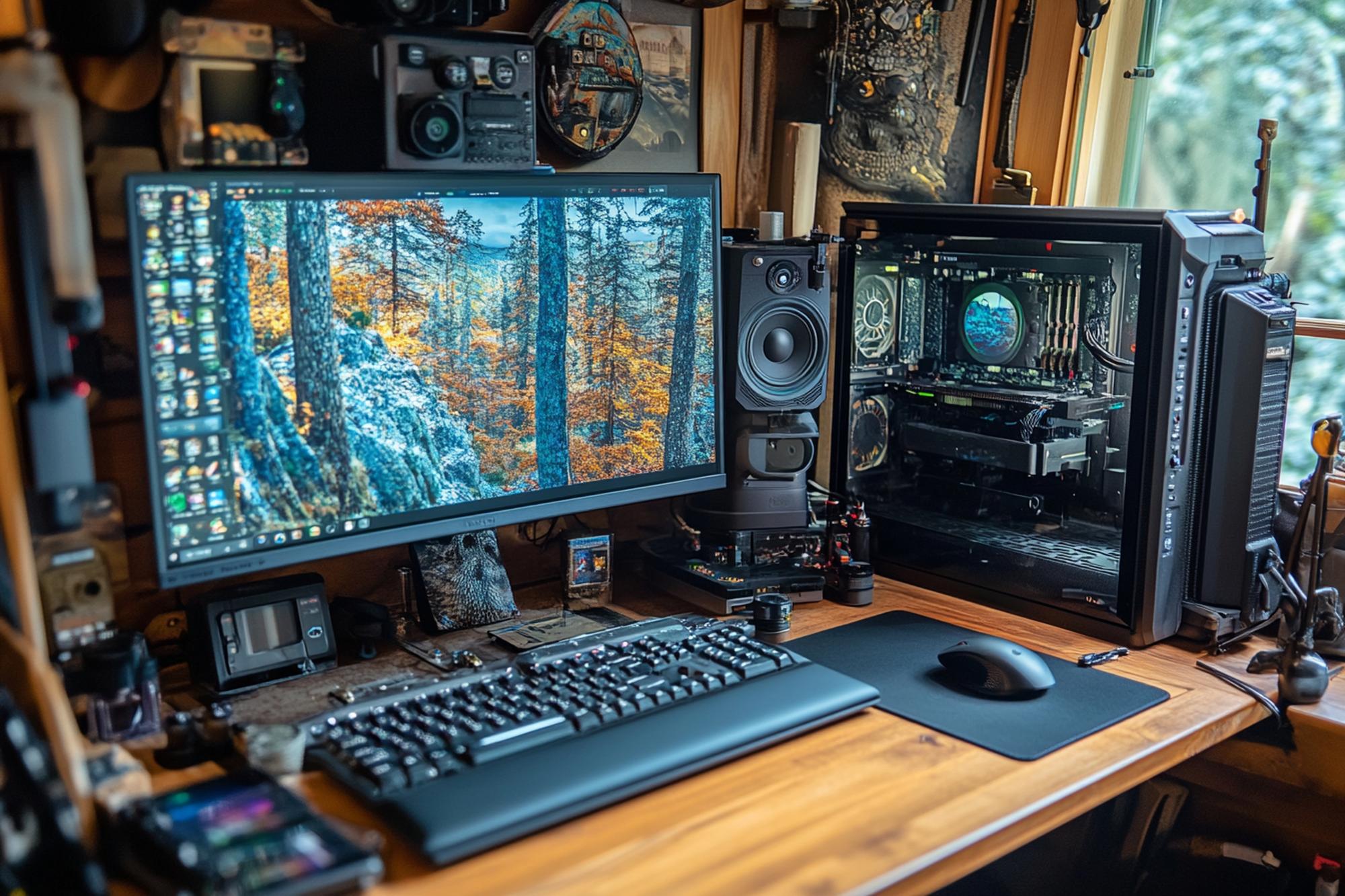 Studio workstation with game art on monitor